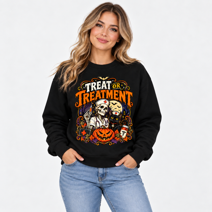 Halloween Nurse Skeleton Black Sweatshirt Treat Or Treatment Custom Name