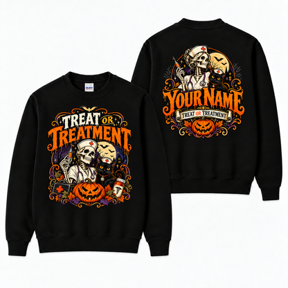 Halloween Nurse Skeleton Black Sweatshirt Treat Or Treatment Custom Name