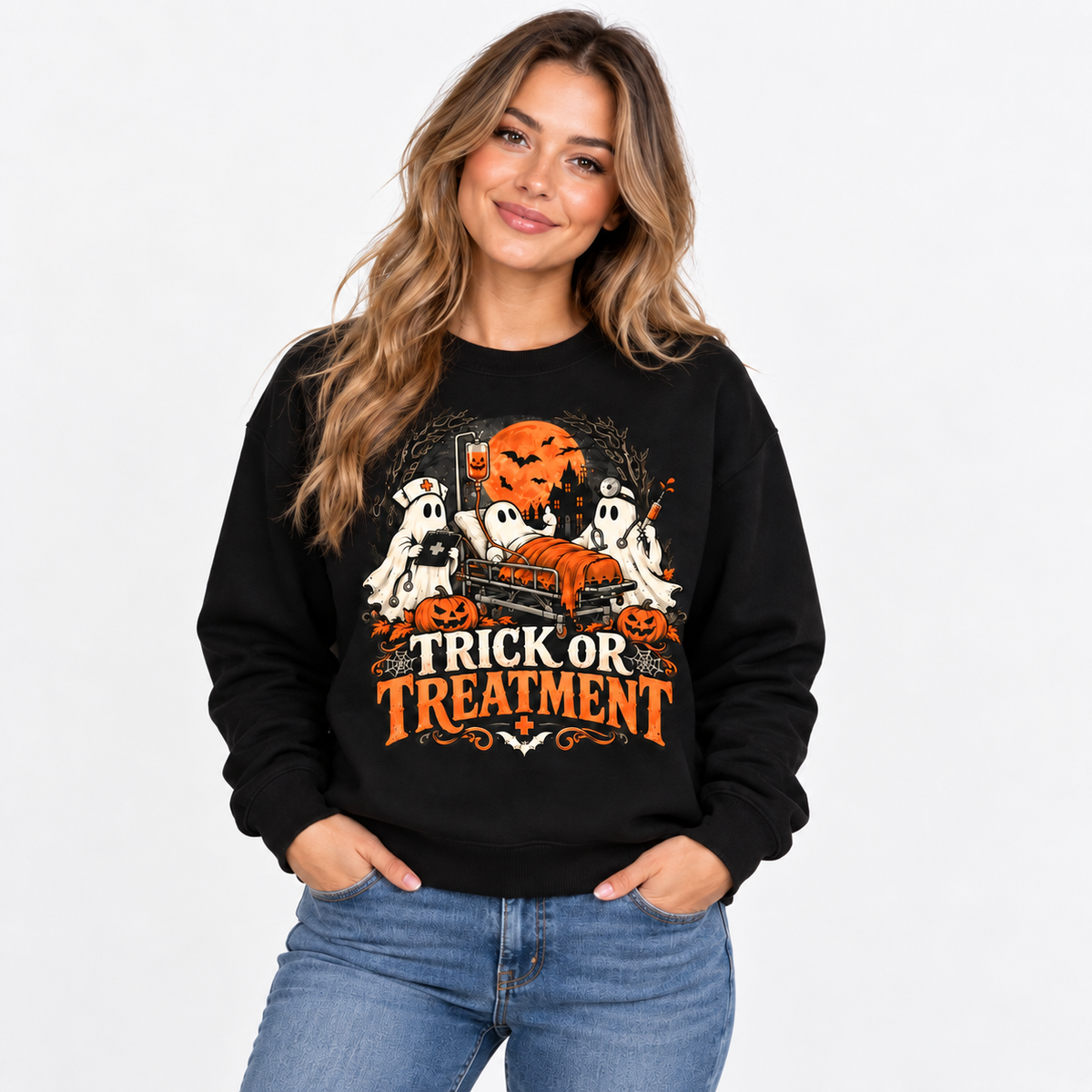 Trick Or Treatment Halloween Ghost Nurse Sweatshirt Custom Name