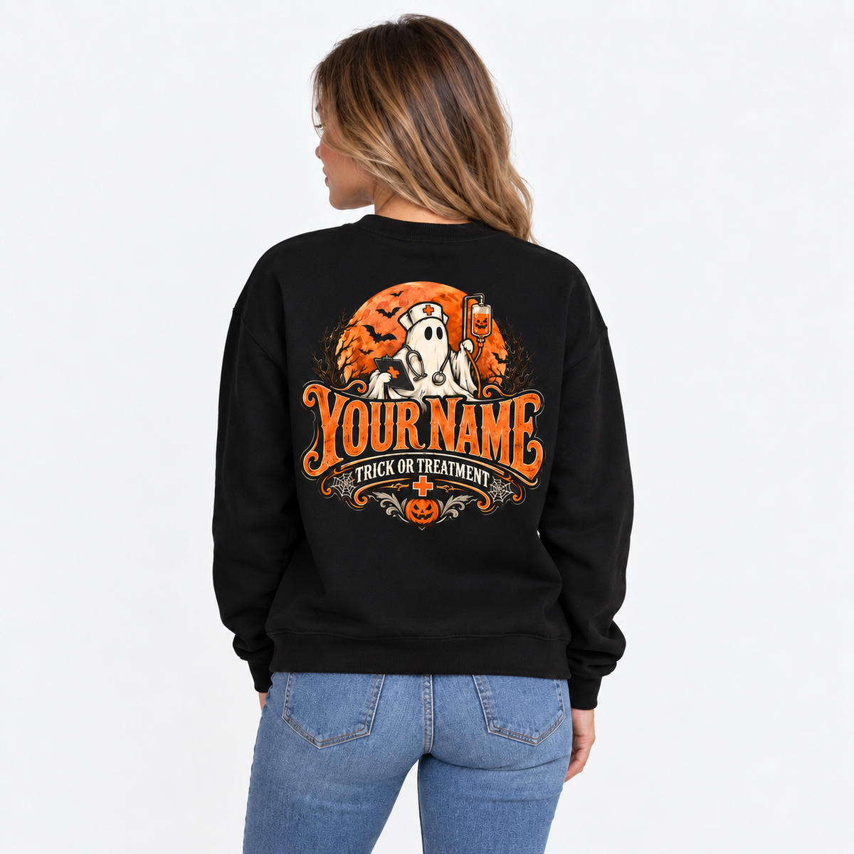 Trick Or Treatment Halloween Ghost Nurse Sweatshirt Custom Name