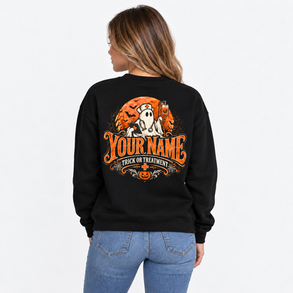 Trick Or Treatment Halloween Ghost Nurse Sweatshirt Custom Name