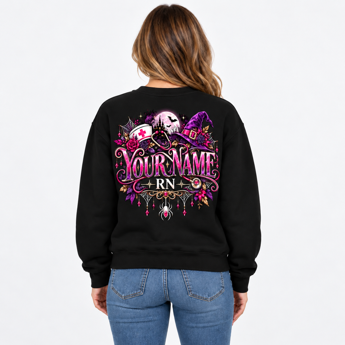 Halloween RN Witch Sweatshirt Customized Nurse Shirt With Spiders And Bats