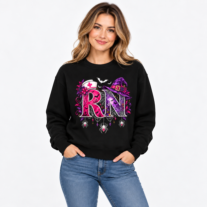 Halloween RN Witch Sweatshirt Customized Nurse Shirt With Spiders And Bats