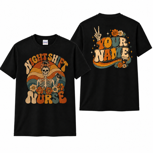 Night Shift Nurse Custom Shirt Retro Skeleton Floral Coffee Graphic Tee