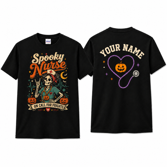 Spooky Nurse Halloween Shirt Skeleton Pumpkin Stethoscope Custom Name