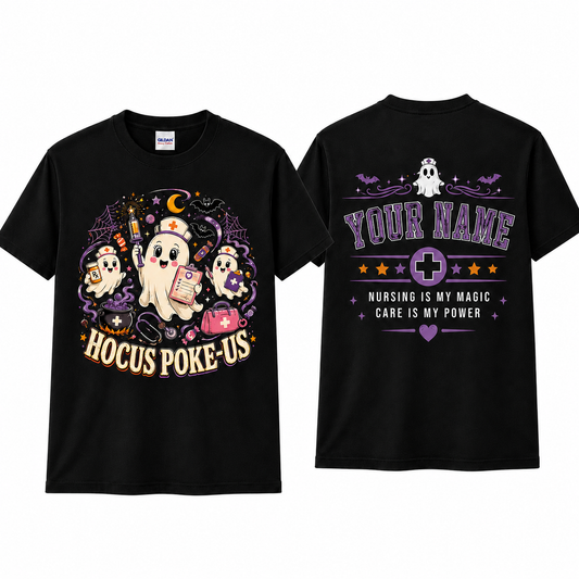 Custom Nurse Ghost Halloween T-Shirt for Women with Hocus Poke Us Print