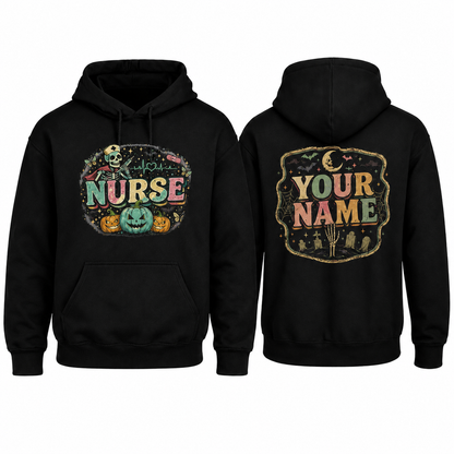 Nurse Halloween Custom Name Hoodie Vintage Pumpkin Skeleton