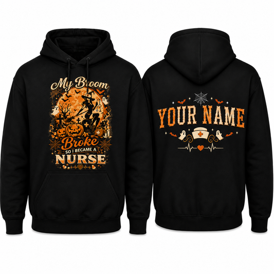 Personalized Halloween Nurse Hoodie with Custom Name Funny Witch Broom Gift