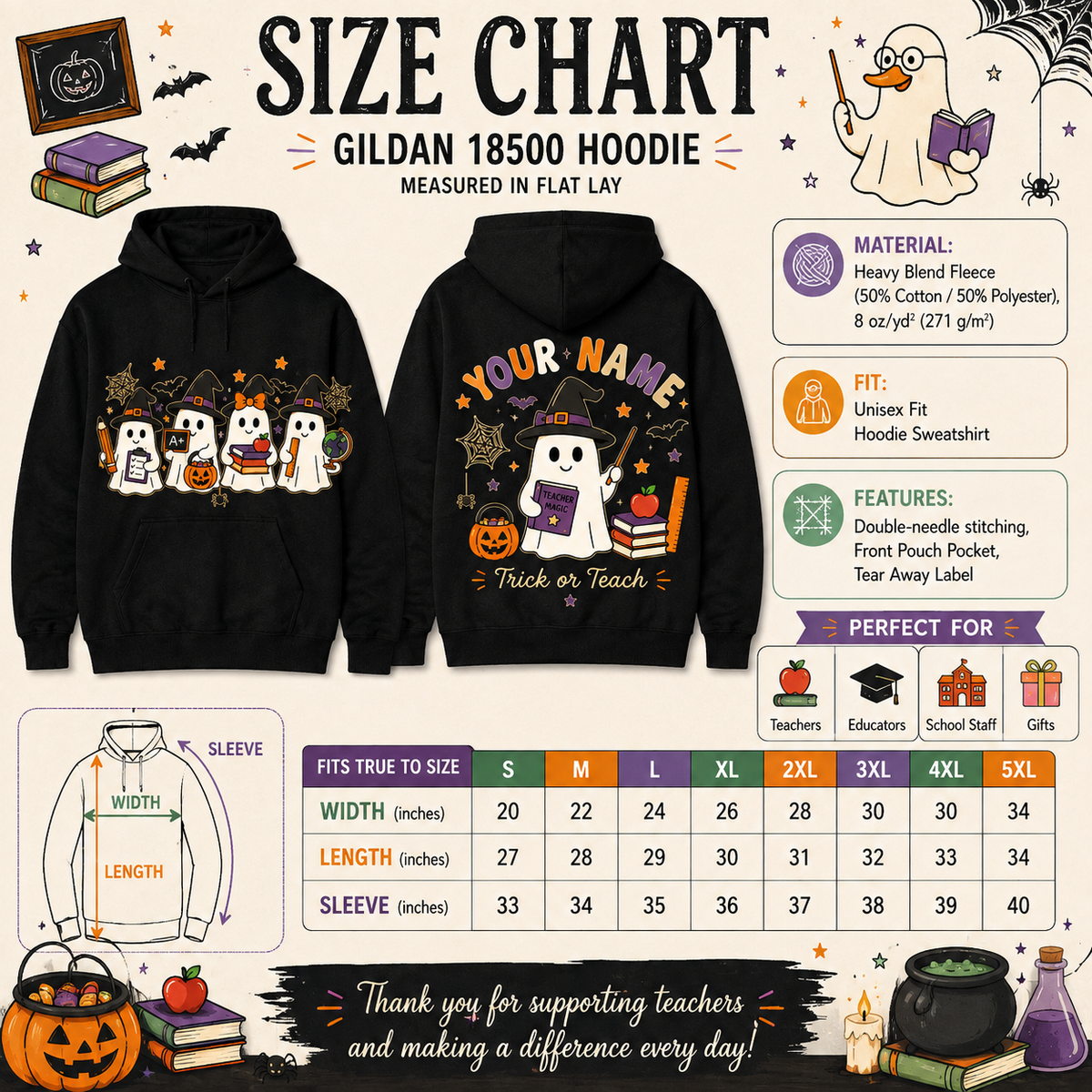 Personalized Halloween Teacher Hoodie Witch Ghost Trick Or Teach Custom Name