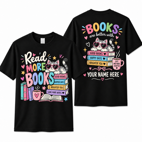 Custom Read More Books Cat Teacher T-Shirt Personalized Name Book Lover Gift