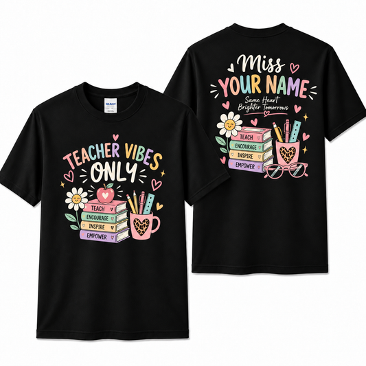 Personalized Teacher Shirt Teacher Vibes Only Books Glasses Custom Name Tee