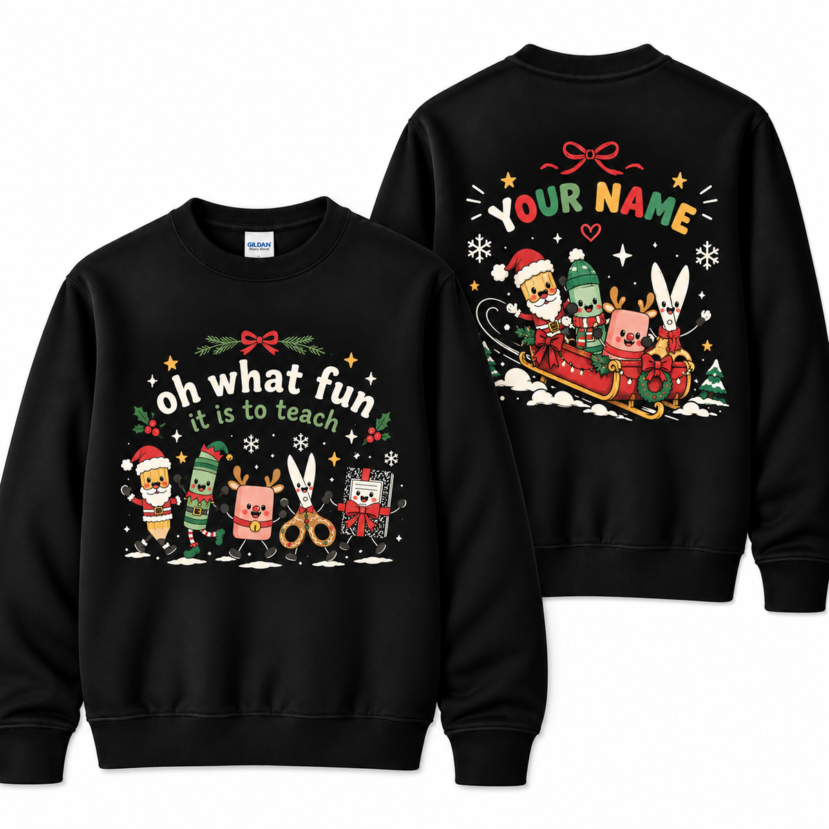 Personalized Custom Oh What Fun It Is To Teach Cute School Supplies Teacher Christmas Sweatshirt