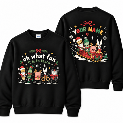 Personalized Custom Oh What Fun It Is To Teach Cute School Supplies Teacher Christmas Sweatshirt