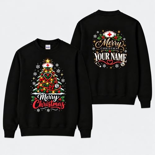 Christmas Nurse Sweatshirt with Stethoscope Tree and Personalized Name