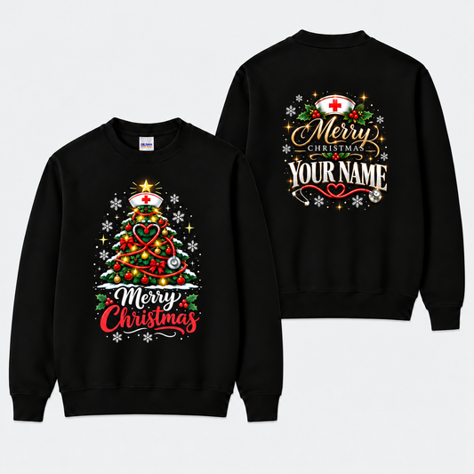 Christmas Nurse Sweatshirt with Stethoscope Tree and Personalized Name