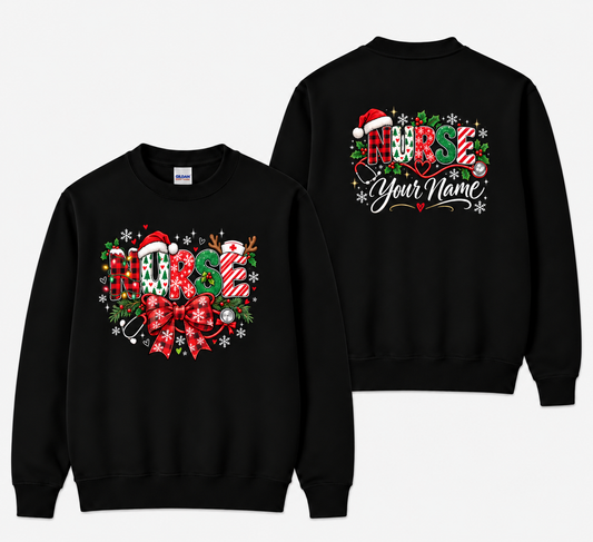 Christmas Nurse Sweatshirt with Stethoscope Bow and Personalized Name Gift