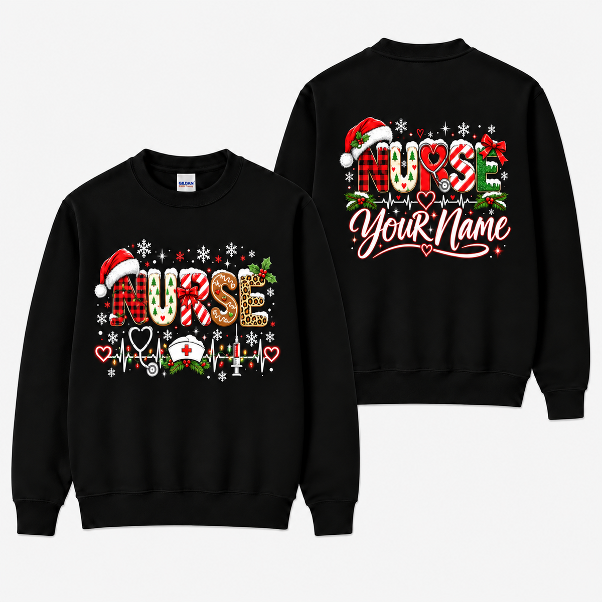 Personalized Christmas Nurse Sweatshirt Santa Hat Stethoscope Holiday Gift