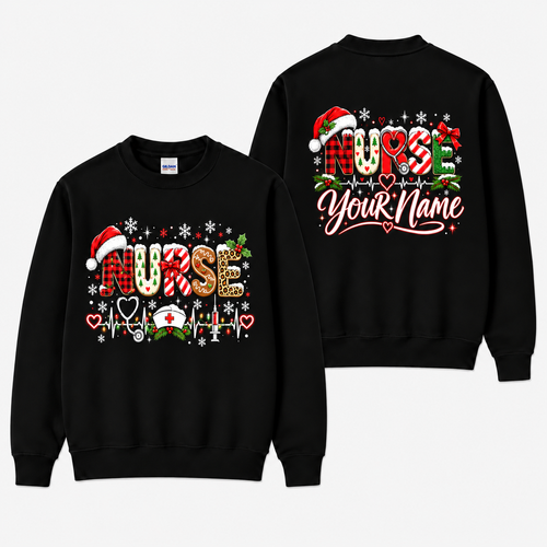 Personalized Christmas Nurse Sweatshirt Santa Hat Stethoscope Holiday Gift