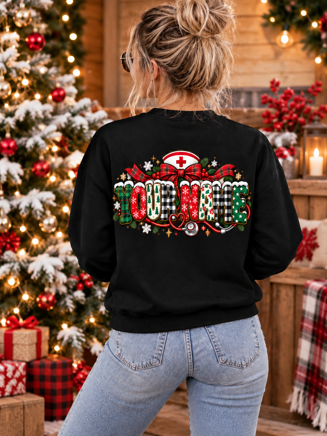 Personalized Christmas Nurse Sweatshirt with Custom Name and Festive Print