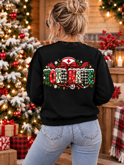 Personalized Christmas Nurse Sweatshirt with Custom Name and Festive Print