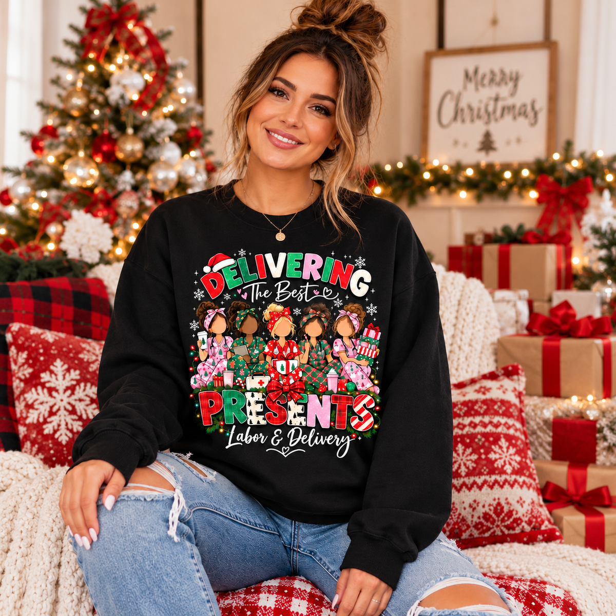 Labor and Delivery Christmas Nurse Sweatshirt Delivering Presents Gift Idea