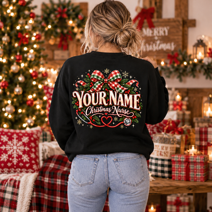 Christmas Nurse Sweatshirt with Custom Name Plaid Bow and Stethoscope Print