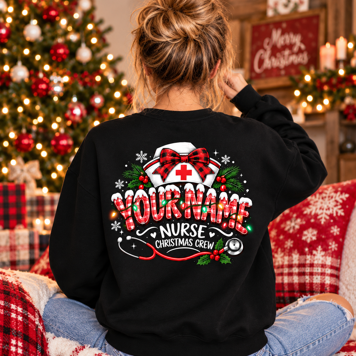 Personalized Nurse Christmas Crew Sweatshirt Custom Name Holiday Gift