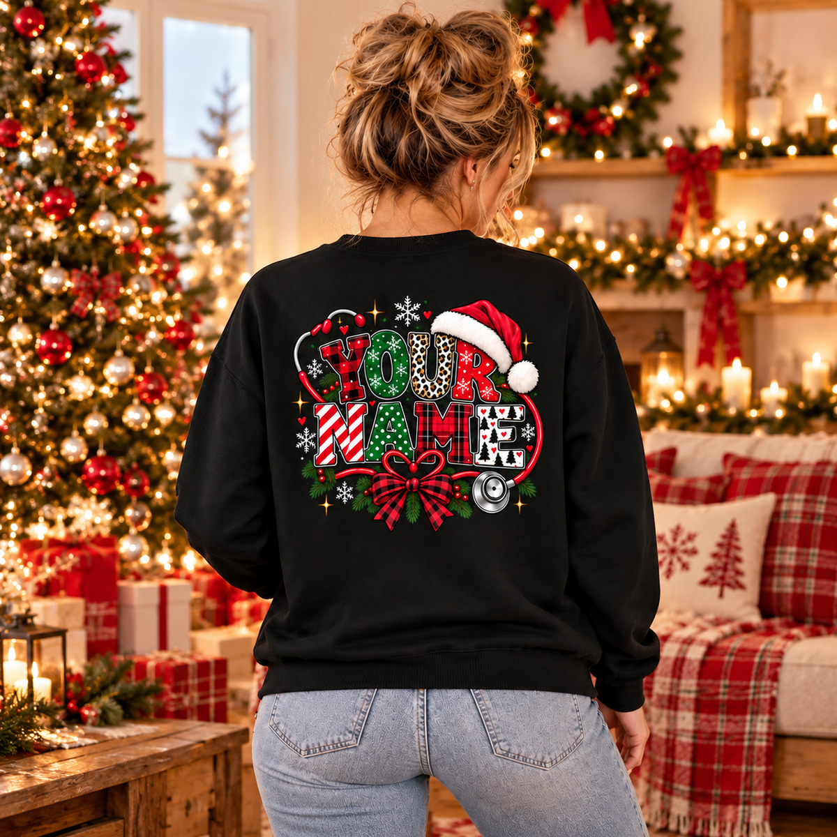 Personalized Christmas Nurse Sweatshirt with Custom Name Stethoscope Design