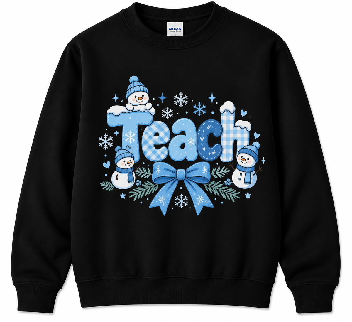 Personalized Custom Winter Teach Blue Gingham Snowman Teacher Christmas Sweatshirt