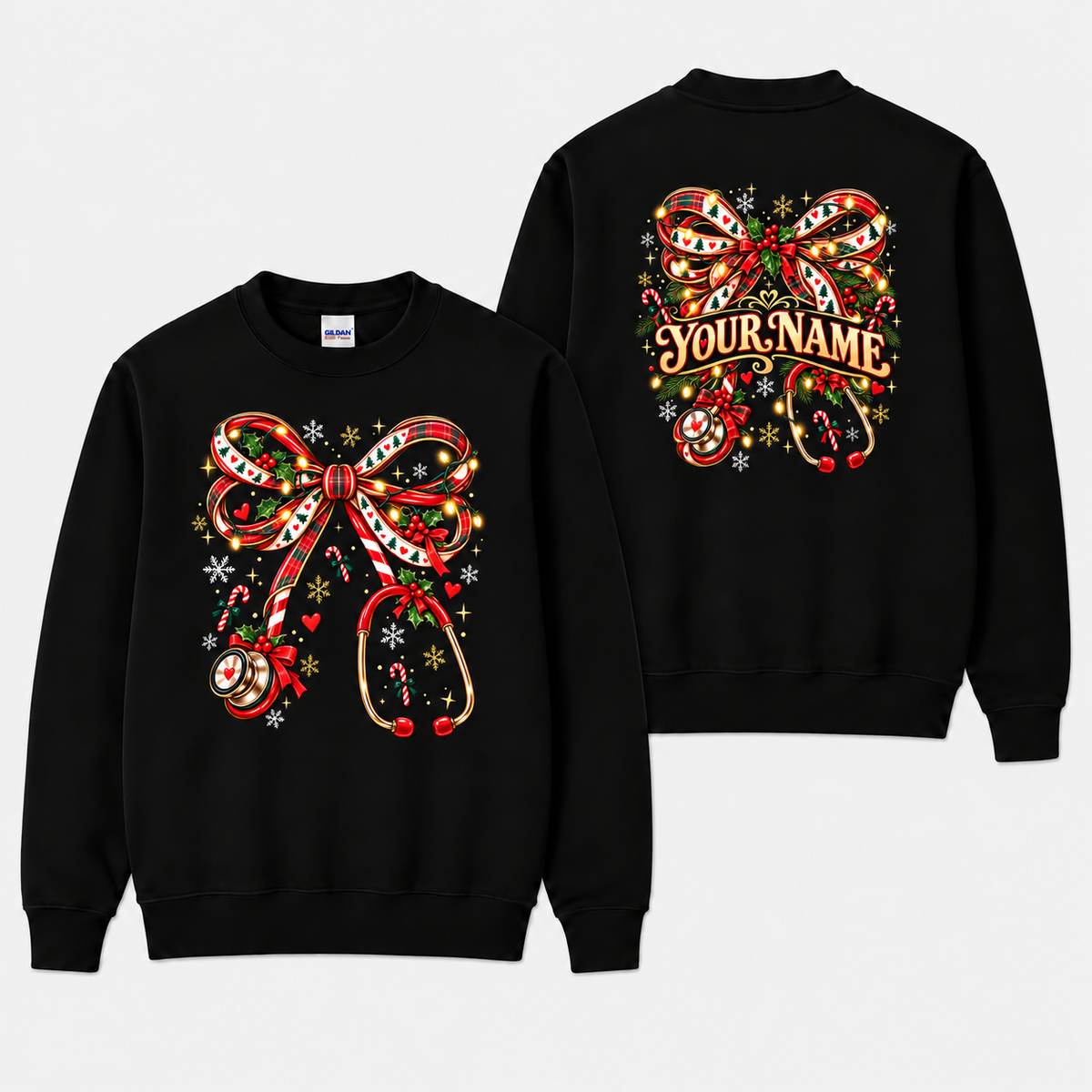 Personalized Christmas Nurse Sweatshirt Festive Bow Stethoscope Custom Name