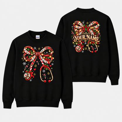 Personalized Christmas Nurse Sweatshirt Festive Bow Stethoscope Custom Name