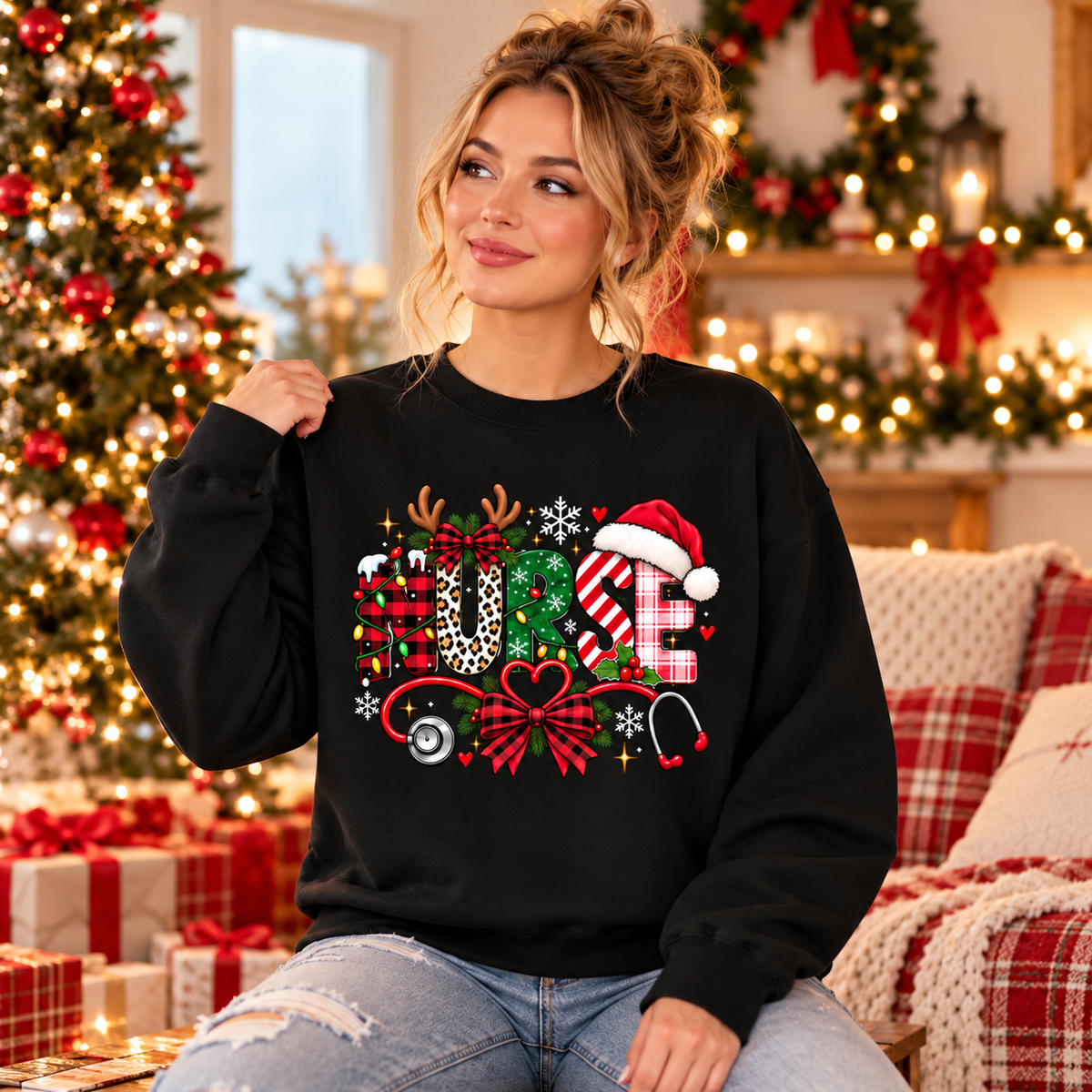 Personalized Christmas Nurse Sweatshirt with Custom Name Stethoscope Design