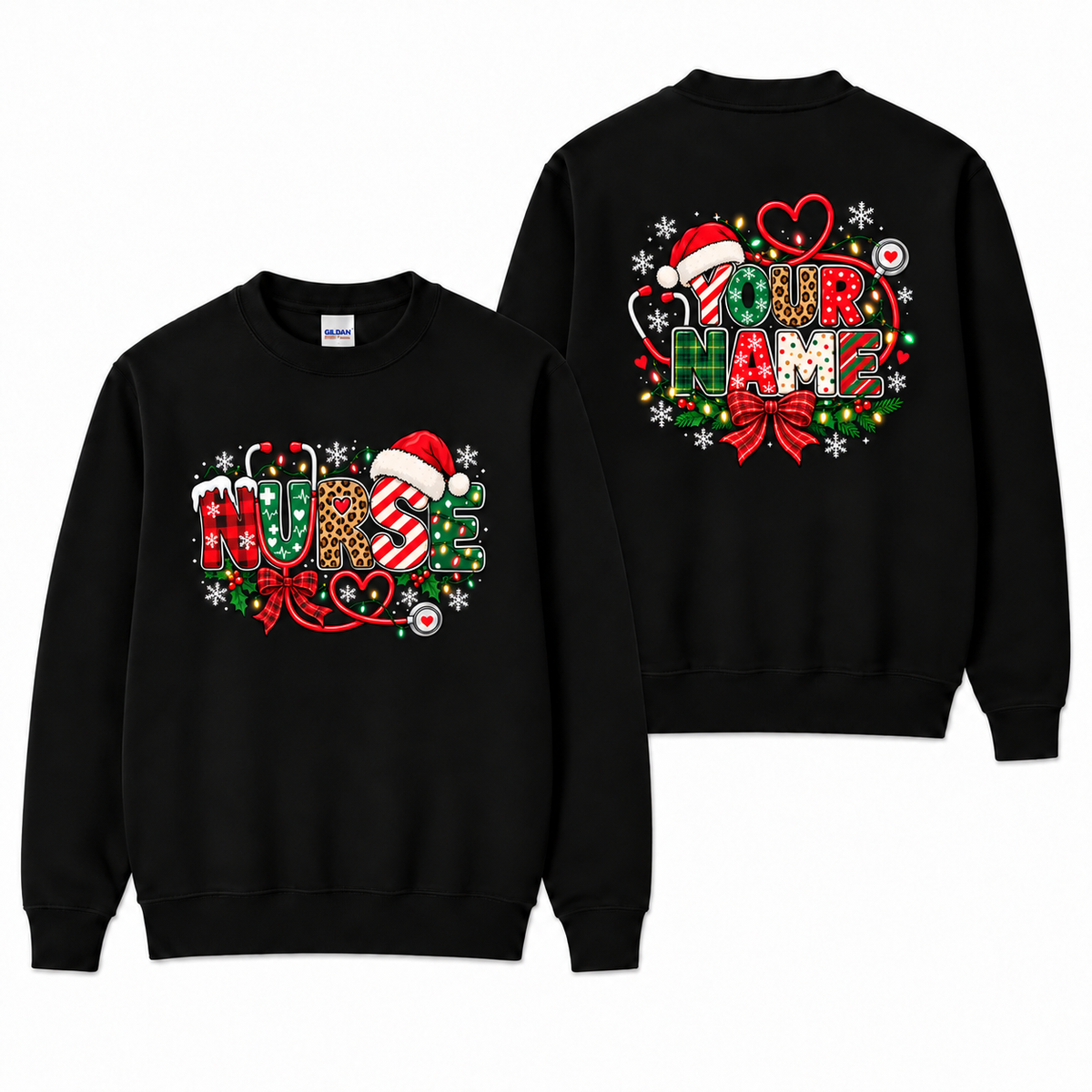 Personalized Christmas Nurse Sweatshirt with Custom Name and Santa Hat Art