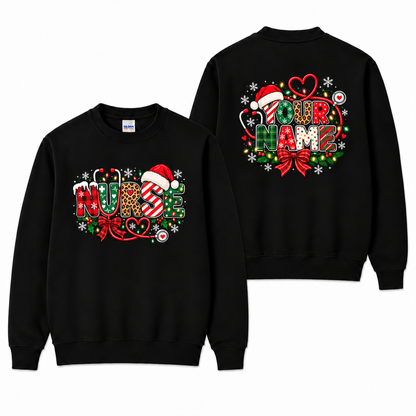 Personalized Christmas Nurse Sweatshirt with Custom Name and Santa Hat Art