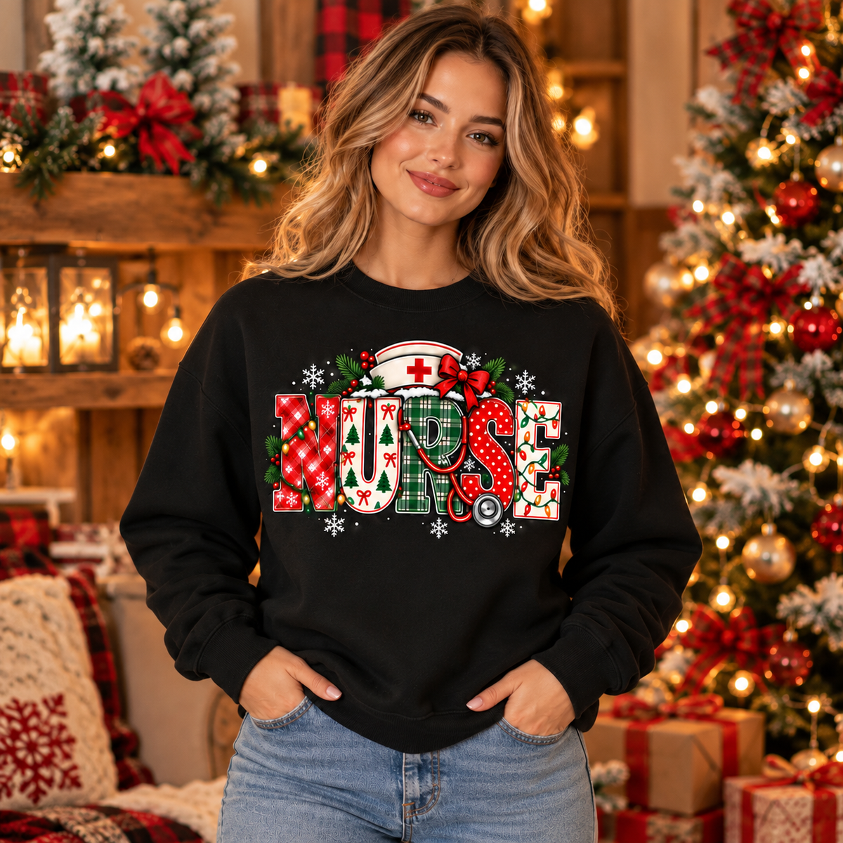 Personalized Christmas Nurse Sweatshirt Custom Name Festive Plaid Design