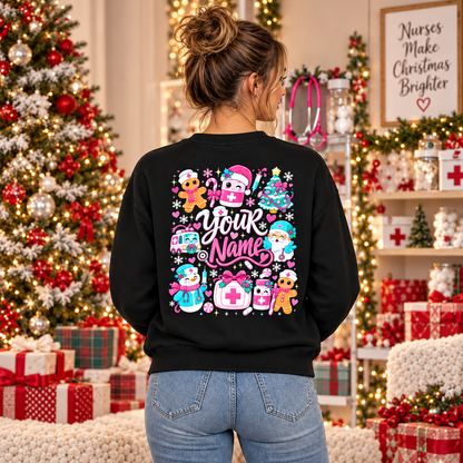 Personalized Nurse Christmas Sweatshirt Pink Medical Santa Gingerbread Gift
