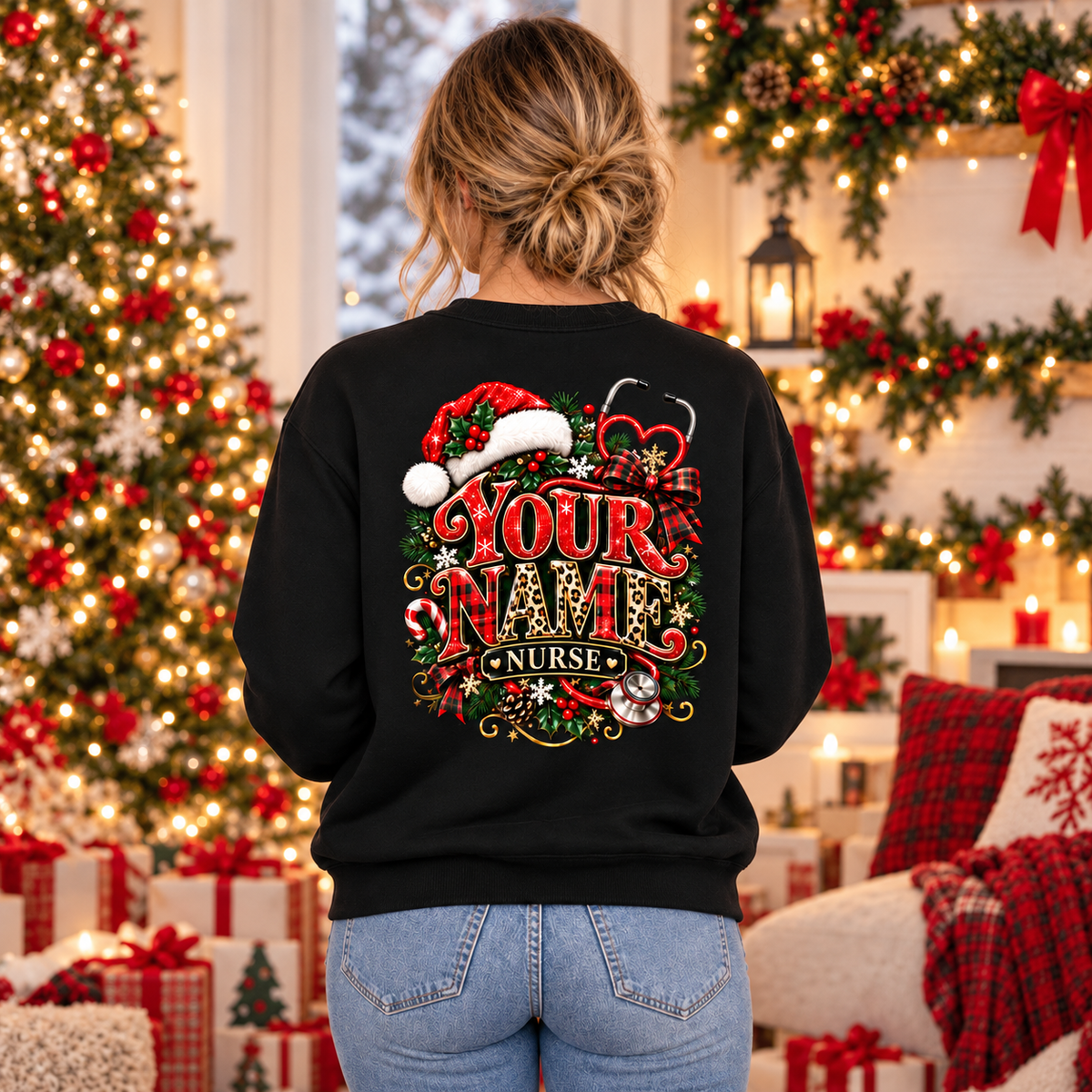 Personalized Nurse Christmas Sweatshirt with Cute Santa and Stethoscope Gift