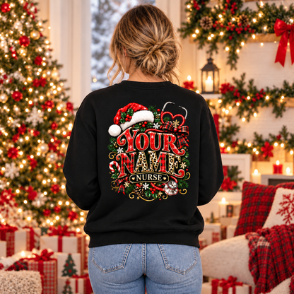 Personalized Nurse Christmas Sweatshirt with Cute Santa and Stethoscope Gift