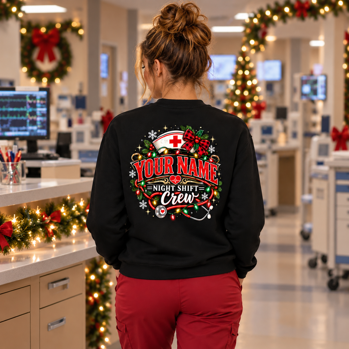 Christmas Night Shift Crew Nurse Sweatshirt Personalized Name Holiday Gifts