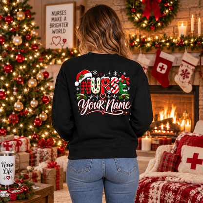 Personalized Christmas Nurse Sweatshirt Santa Hat Stethoscope Holiday Gift