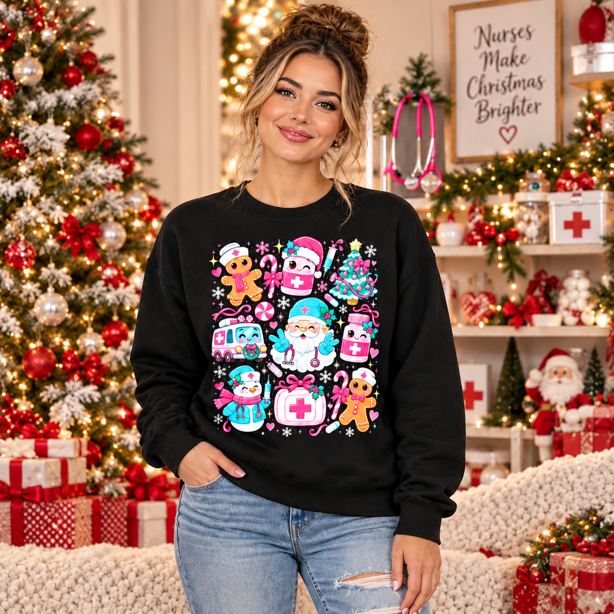 Personalized Nurse Christmas Sweatshirt Pink Medical Santa Gingerbread Gift