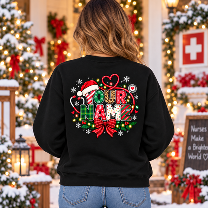 Personalized Christmas Nurse Sweatshirt with Custom Name and Santa Hat Art