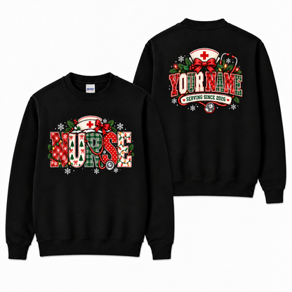 Personalized Christmas Nurse Sweatshirt Custom Name Festive Plaid Design