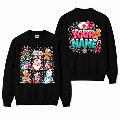 Christmas Nurse Sweatshirt Personalized Name Gingerbread Santa Holiday Gift