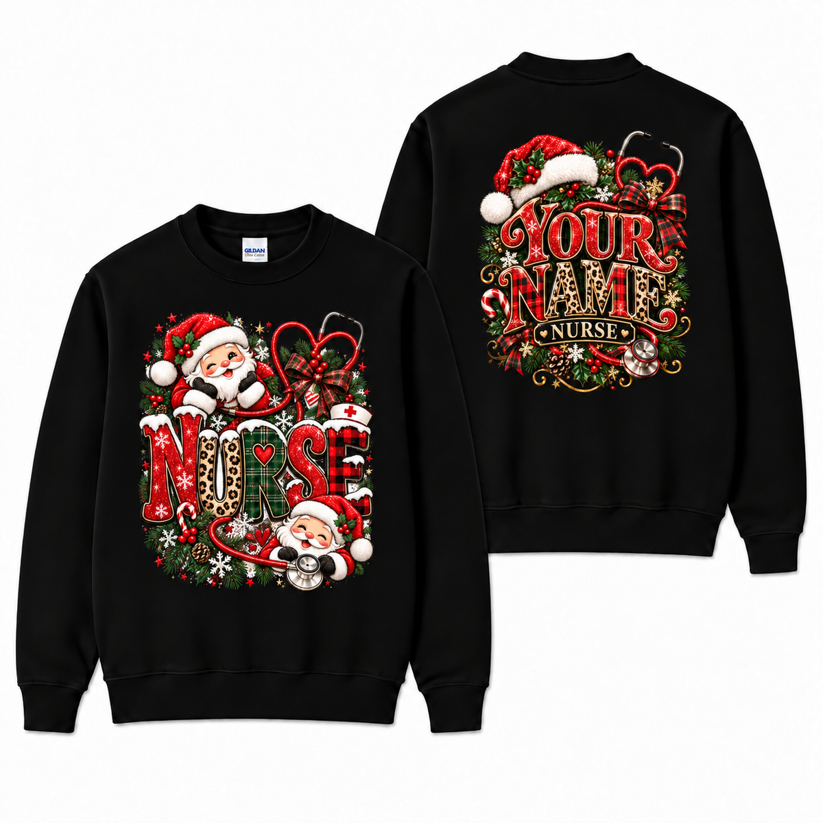 Personalized Nurse Christmas Sweatshirt with Cute Santa and Stethoscope Gift