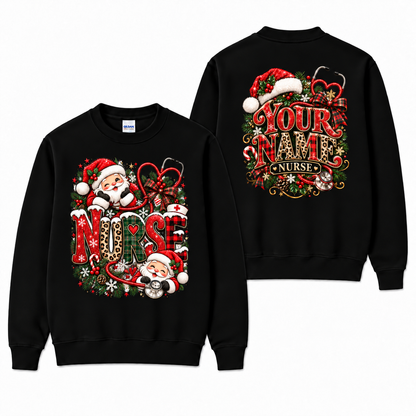 Personalized Nurse Christmas Sweatshirt with Cute Santa and Stethoscope Gift