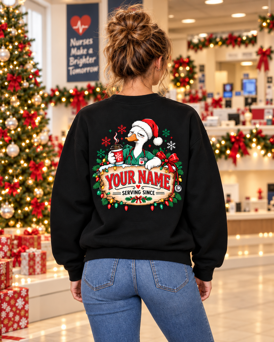 Personalized Christmas Nurse Goose Sweatshirt Jingle Halfway Through Name