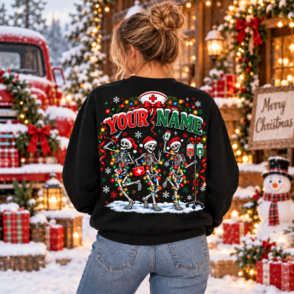 Personalized Christmas Nurse Skeleton Sweatshirt Custom Name Holiday Gift