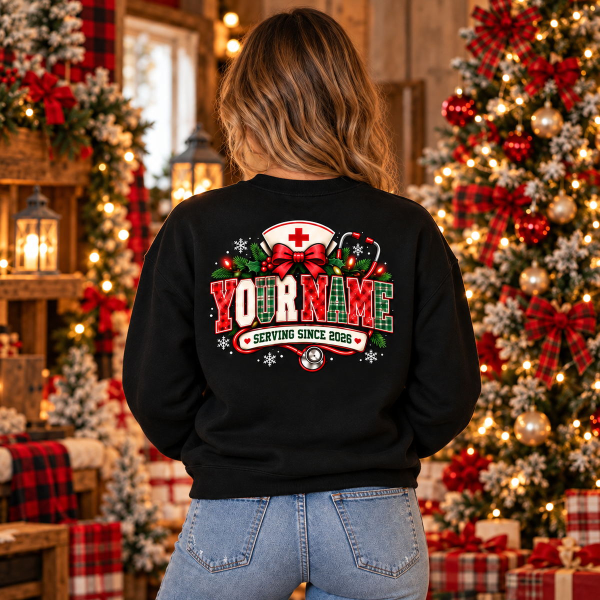 Personalized Christmas Nurse Sweatshirt Custom Name Festive Plaid Design