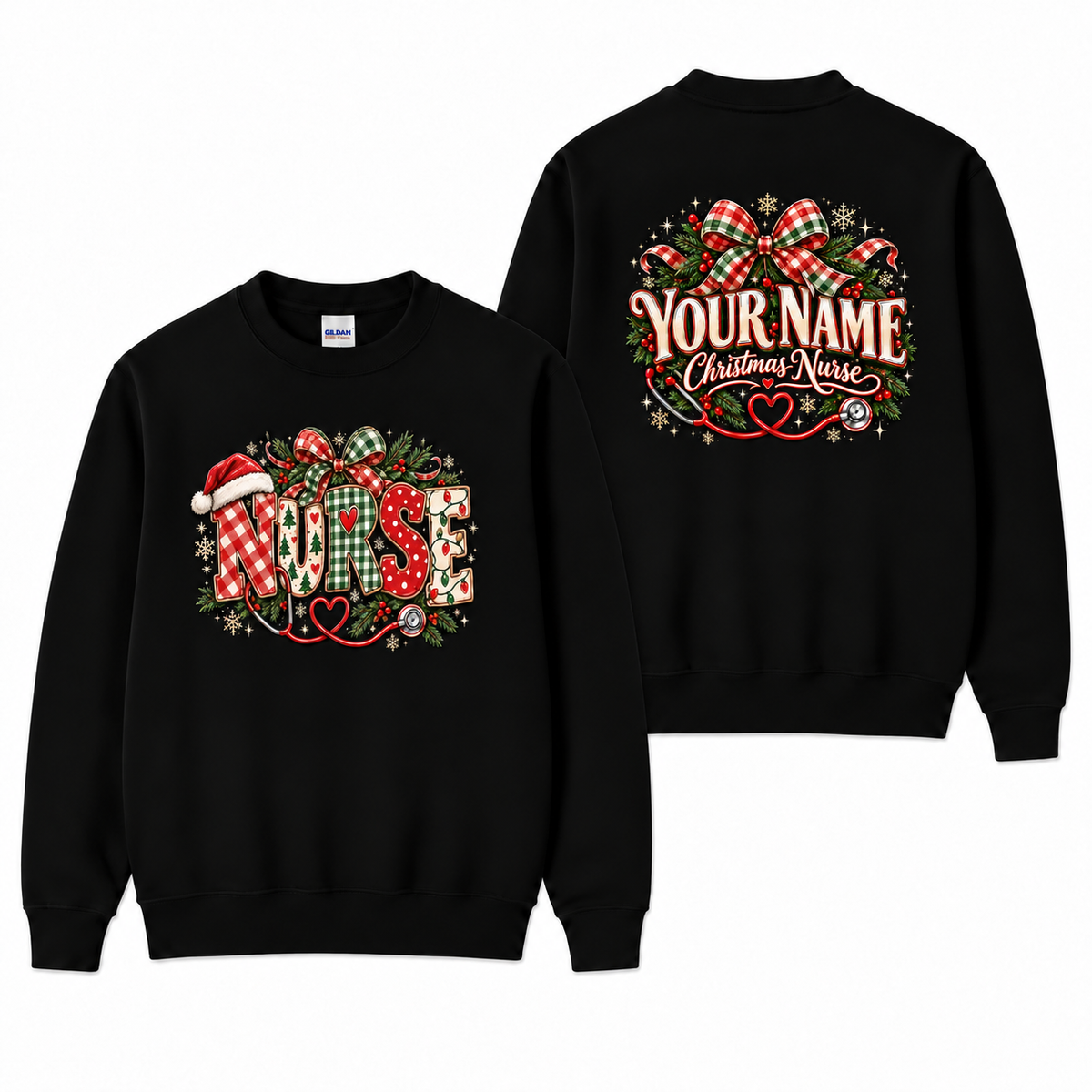 Christmas Nurse Sweatshirt with Custom Name Plaid Bow and Stethoscope Print